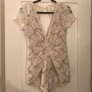 LF white lace open back romper
